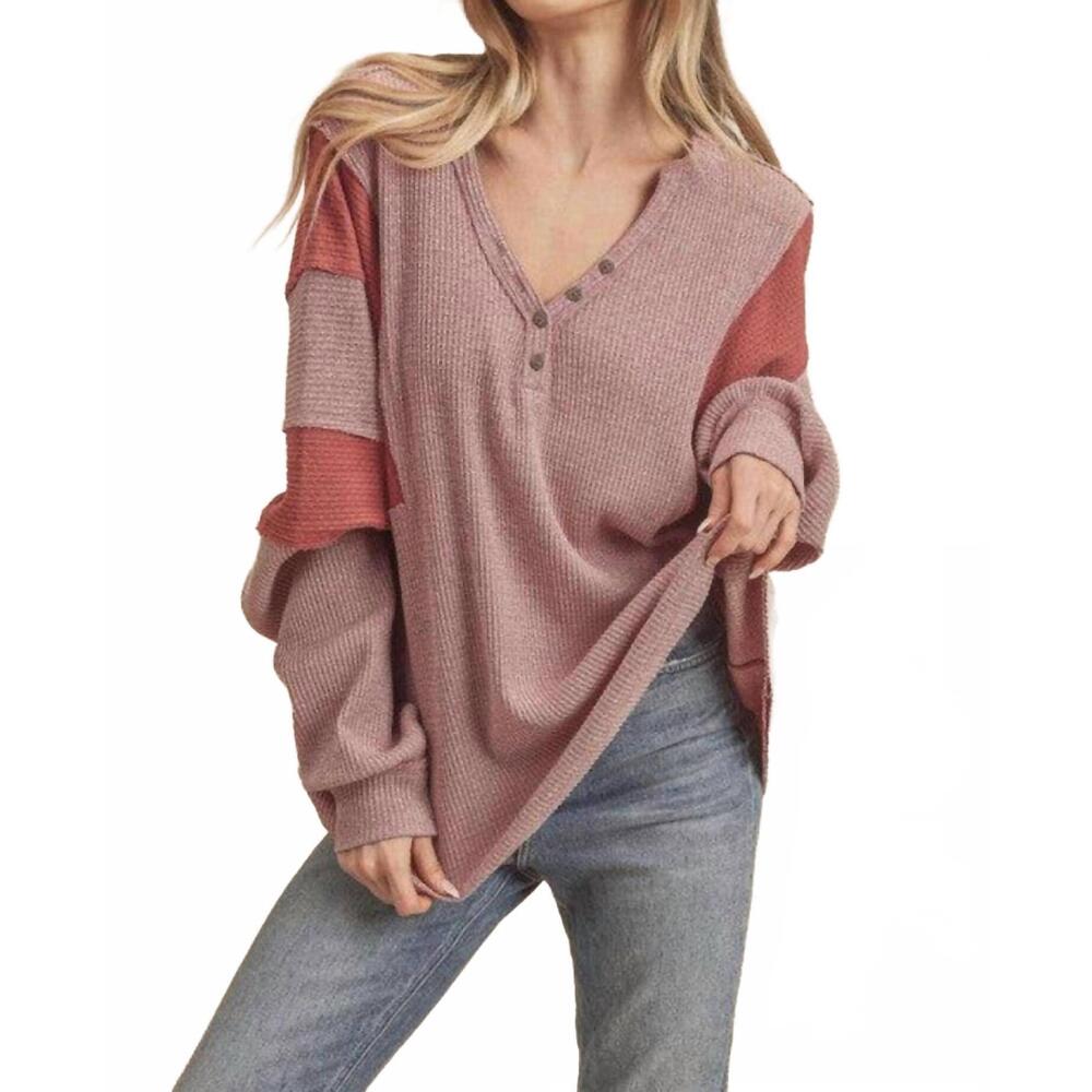 NEW AEMI + CO fern lightweight patch henley sweater in mauve